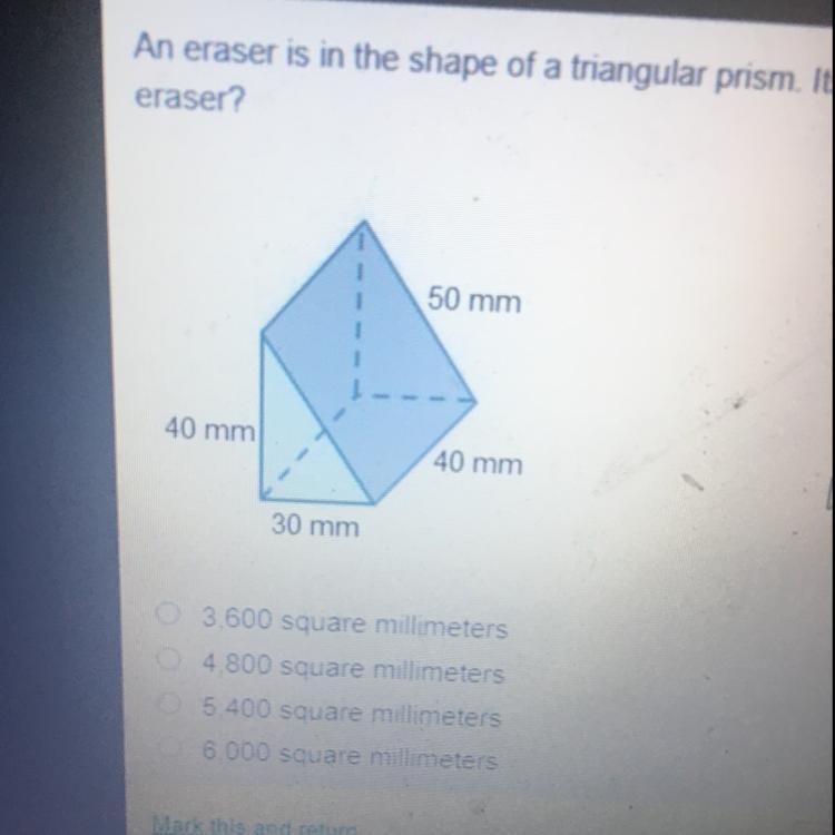 An eraser is in the shape of a triangular prism. Its dimensions are shown in the diagram-example-1