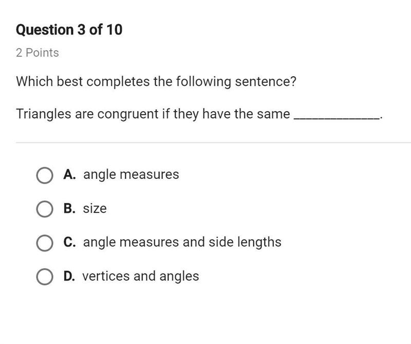 Which best completes the following sentence? triangles are congruent if they have-example-1