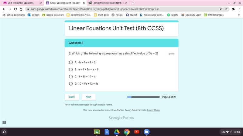 Which of the following expressions has a simplified value of 3a – 2? HELP ME PLEASE-example-1