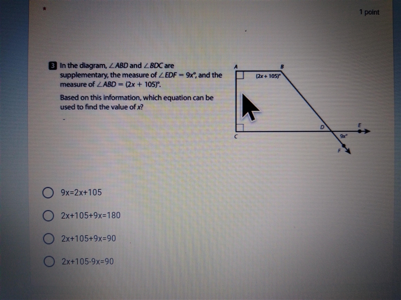 In the diagram ABD and BDC are supplementary, the measure of EDF = 9x, and the measure-example-1