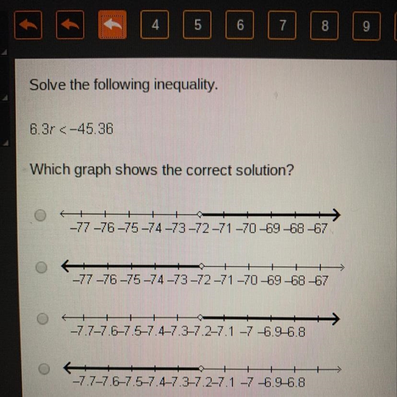 Solve the following inequality. 6.37 <-45.36 Which graph shows the correct solution-example-1