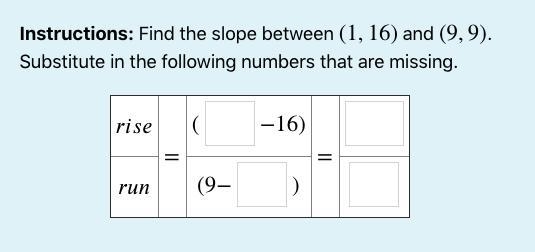 Find the slope between (1,16) and (9,9).-example-1