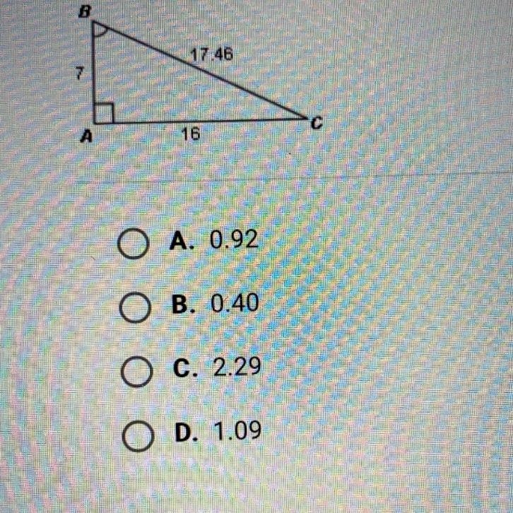 What is the approximate value of sin B? A. 0.92 B. 0.40 C. 2.29 D. 1.09-example-1