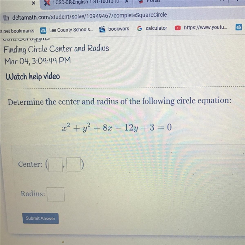 Determine the center and radius of the following circle equation: 22 + y2 + 8x – 12y-example-1