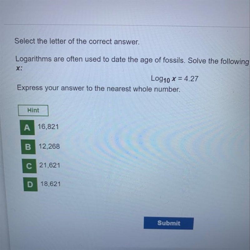 Log 10x= 4.27 as nearest whole number-example-1