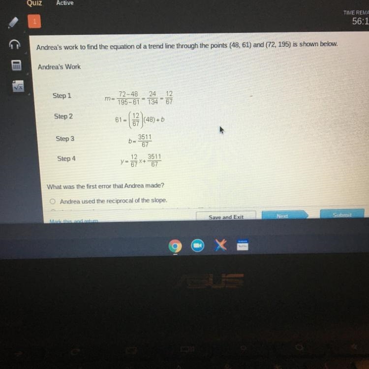 What was the first error that Andrea made? O Andrea used the reciprocal of the slope-example-1