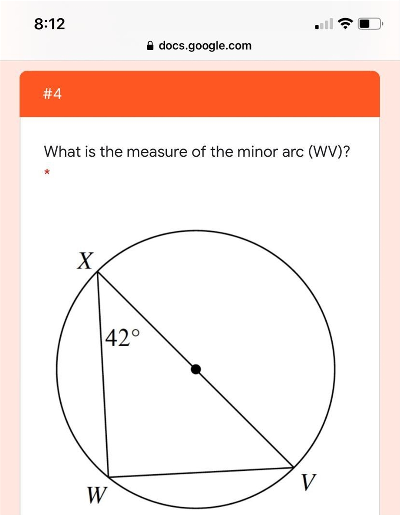 What is the measure of the minor arc (WV)-example-1