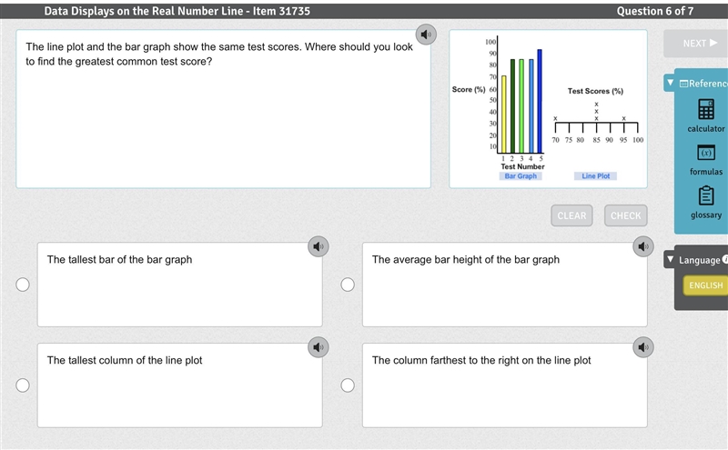 The line plot and the bar graph show the same test scores. Where should you look to-example-1