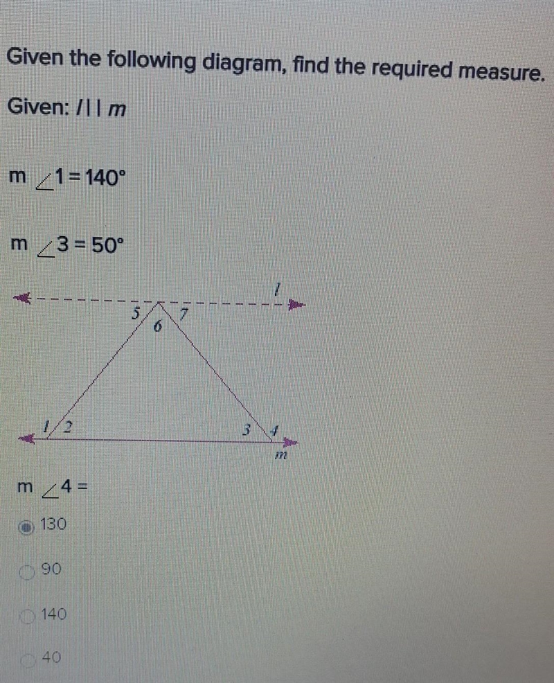 Given the following diagram, find the required measure. Given: 711 m m1 = 140° m3 = 50°​-example-1