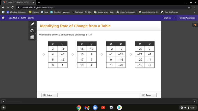 Which table shows a constant rate of change of –3?-example-1