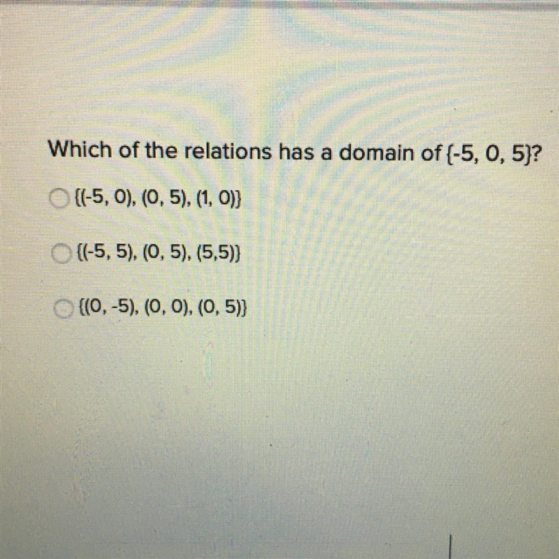 Which of the relations has a domain of {-5,0,5}?-example-1