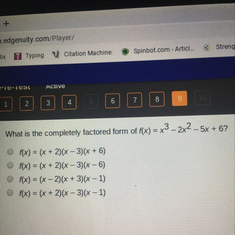 What is the completely factored form of f(x) = x^3 – 2x^2 – 5x + 6?-example-1