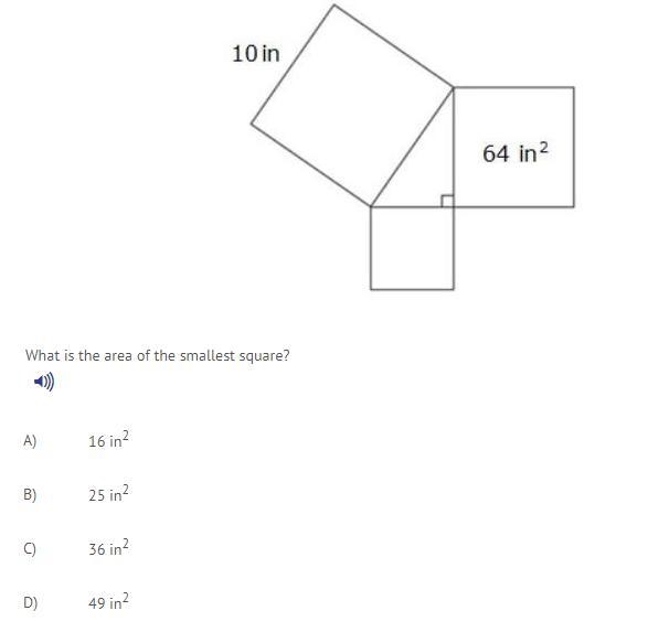 What is the area of the smallest square? A) 16 in2 B) 25 in2 C) 36 in2 D) 49 in2-example-1