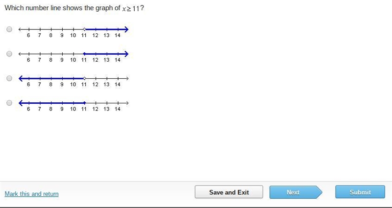 Which number line shows the graph of x greater-than-or-equal-to 11?-example-1