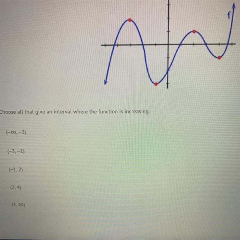 Choose ALL that give an interval where the function is increasing. A. (-infinity, -3) B-example-1