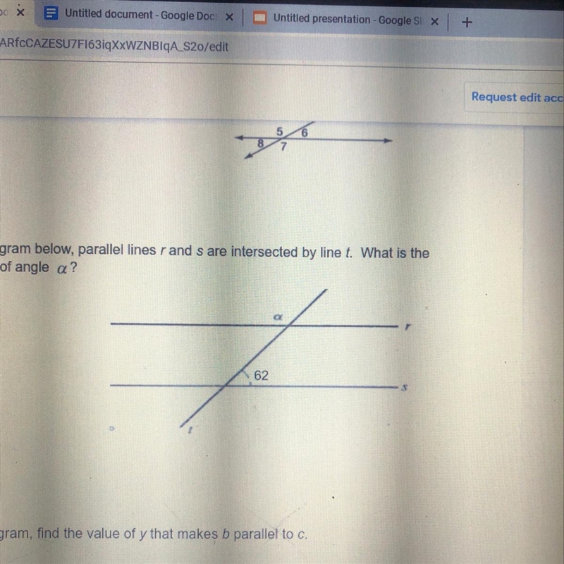 5. In the diagram below, parallel lines rand s are intersected by line t. What is-example-1