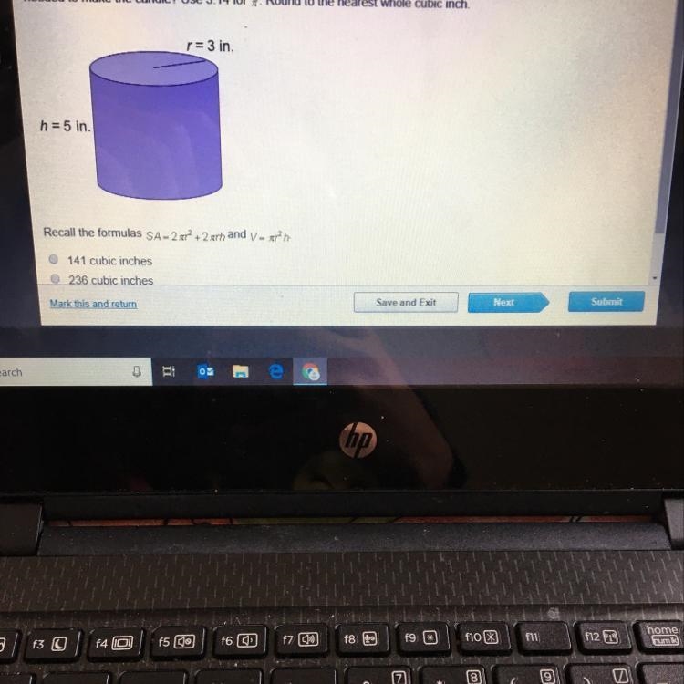 Can someone help me pls A.141 cubic inches B.236 C.443 D.565-example-1