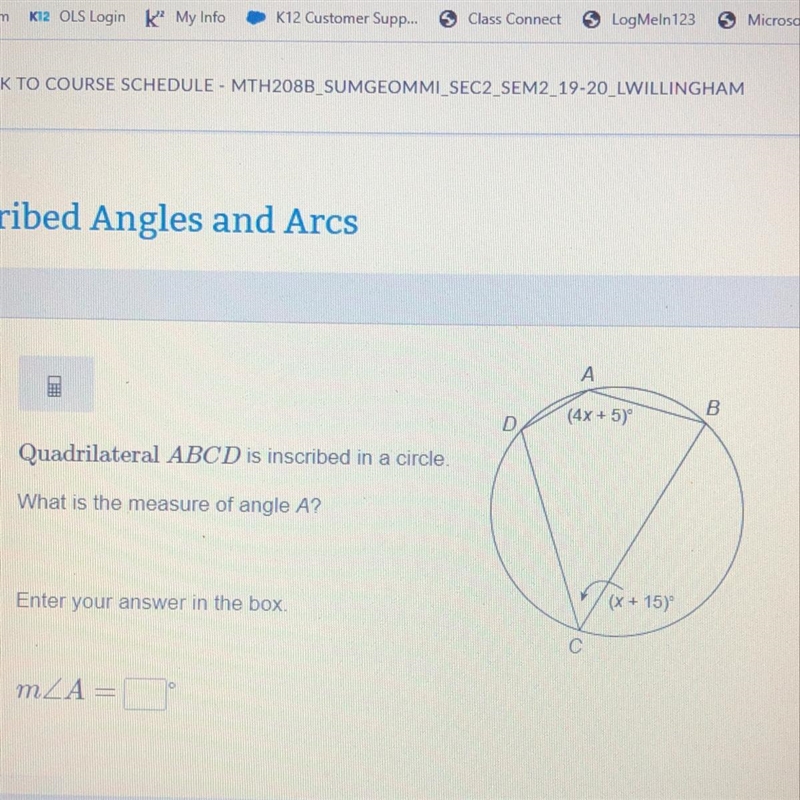 А B (4x + 5) Quadrilateral ABCD is inscribed in a circle, What is the measure of angle-example-1