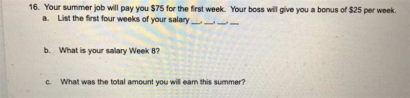 Your summer job will pay you $75 for the first week. Your boss will give you a bonus-example-1