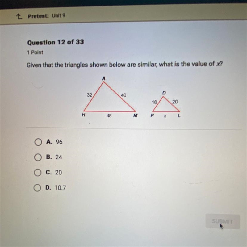 Given that the triangles shown below are similar, what is the value of X?-example-1