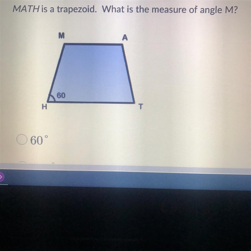 MATH is a trapezoid. What is the measure of angle M?-example-1