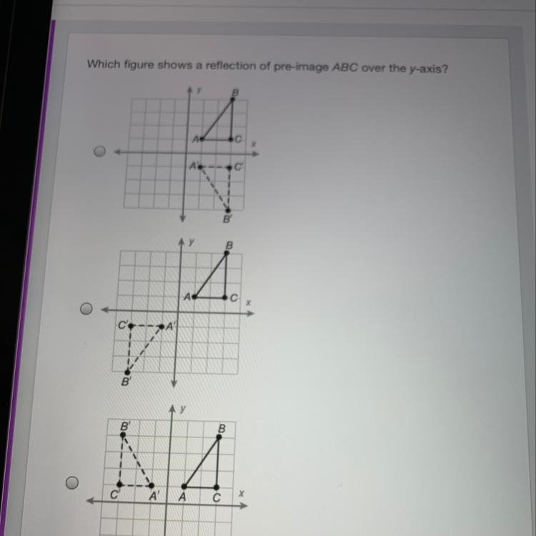 Which figure shows a reflection of pre-image ABC over the y-axis? Please help-example-1