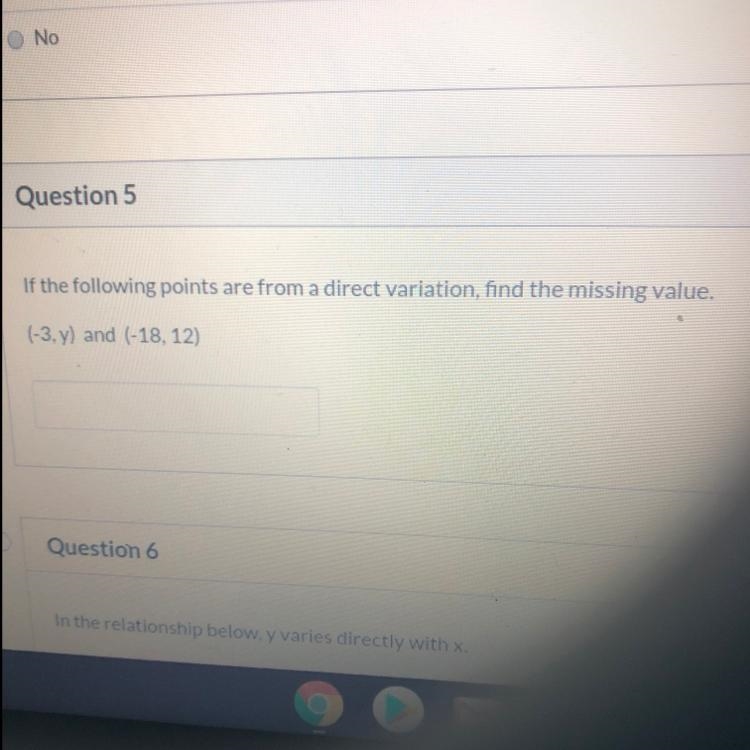 Question 5 If the following points are from a direct variation, find the missing value-example-1