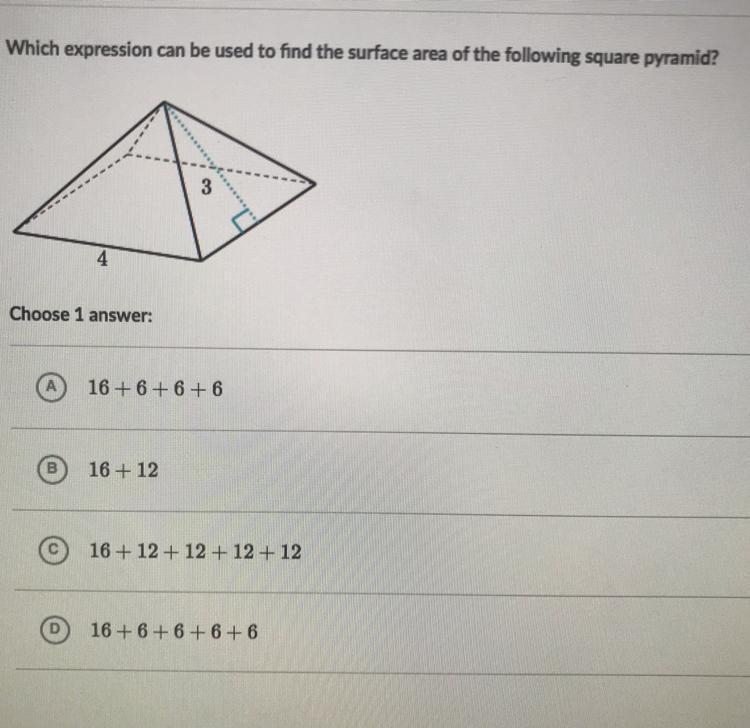 Which expression can be used to find the surface area of the following square pyramid-example-1