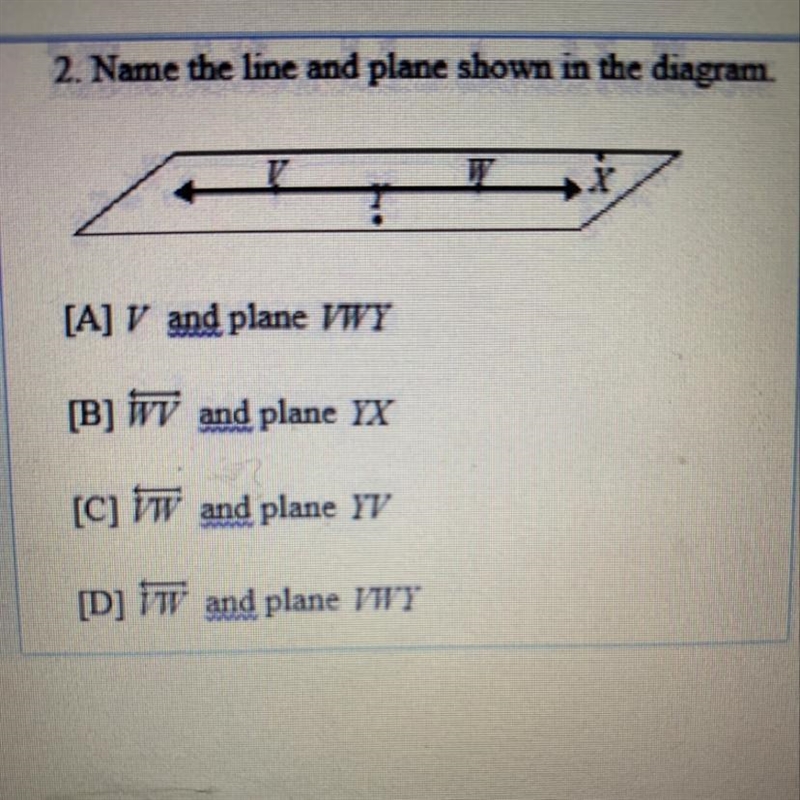 2. Name the line and plane shown in the diagram. [A] V and plane WWY [B] TTV and plane-example-1