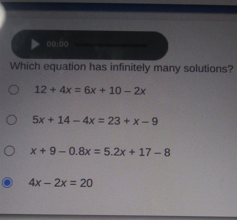 Which equation has infinitely many solutions? a 12 + 4x = 6x + 10 - 2x b 5x + 14 - 4x-example-1