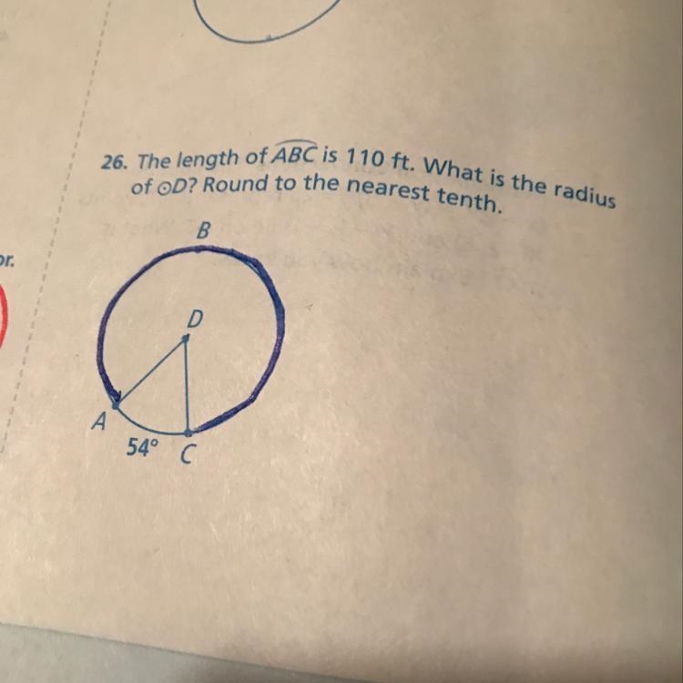 26. The length of ABC is 110 ft. What is the radius of circle D? Round to the nearest-example-1