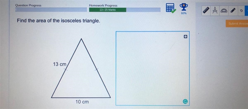 Find the area of the isosceles triangle-example-1