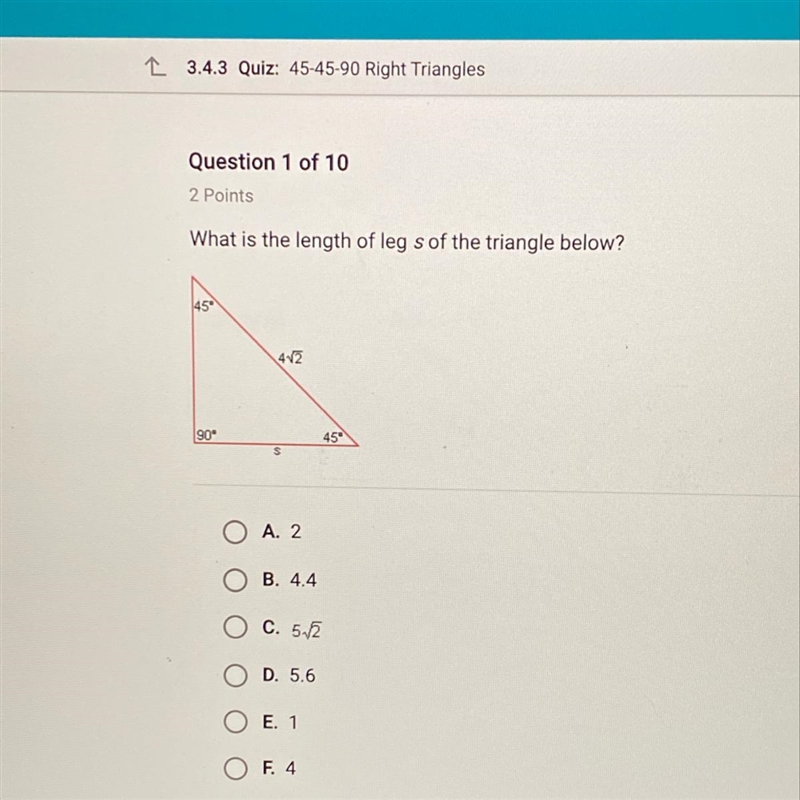 What is the length of leg s of the triangle below?-example-1