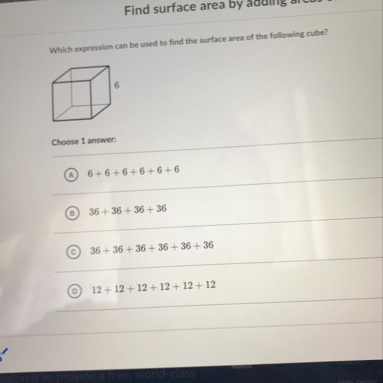 Which expression can be used to find the surface area of the following cube?-example-1