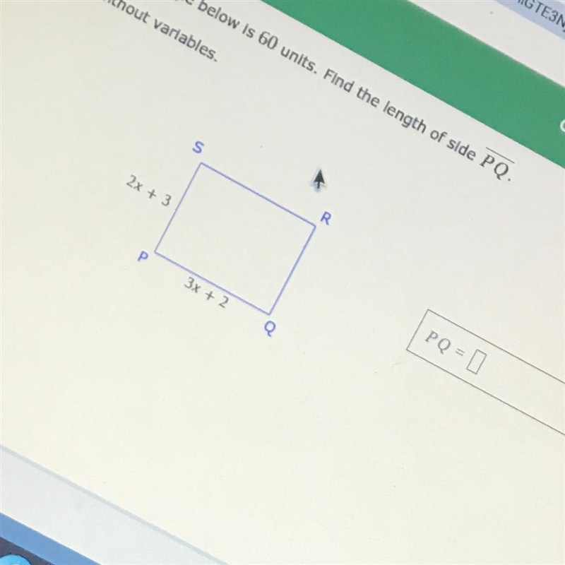 The perimeter of a rectangle below is 60 units. Find the length of side PQ-example-1