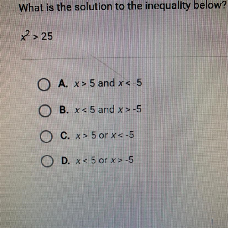 What is the solution to the inequality below? x² > 25-example-1