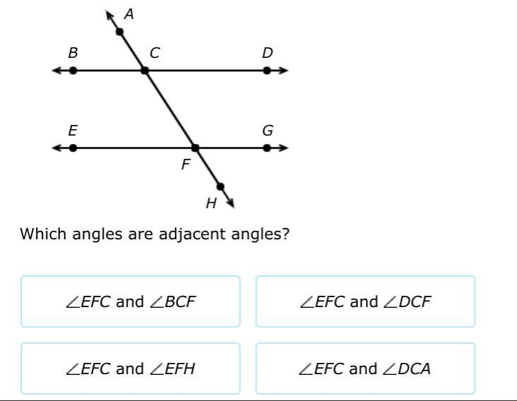 ​ Which angles are adjacent angles?-example-1