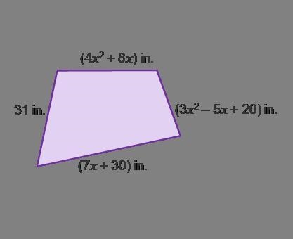 Find the perimeter of the quadrilateral. If x = 2, the perimeter is inches.-example-1