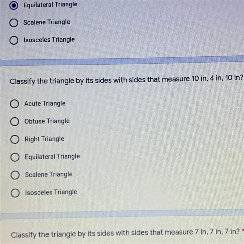 Classify the triangle by its sides that measure 10, 4, and 10 inches-example-1