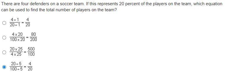 There are four defenders on a soccer team. If this represents 20 percent of the players-example-1