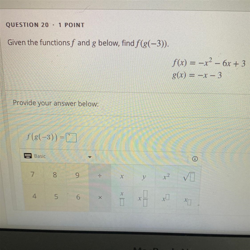 Given the functions f and g below, find f(g(-3)). f(x) = -x^2- 6x + 3 g(x) = -x - 3 Provide-example-1