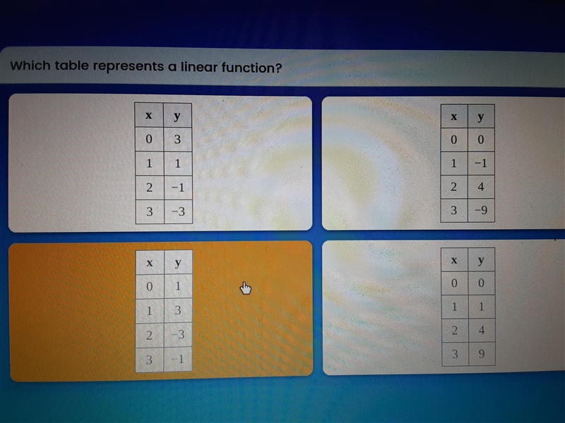 Which table represents a linear function?-example-1