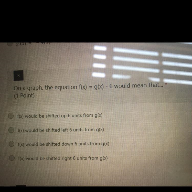 On a graph the equation f(x)=g(x)-6 would mean that .....-example-1