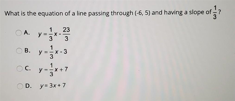 Select the correct answer. What is the equation of a line passing through (-6, 5) and-example-1