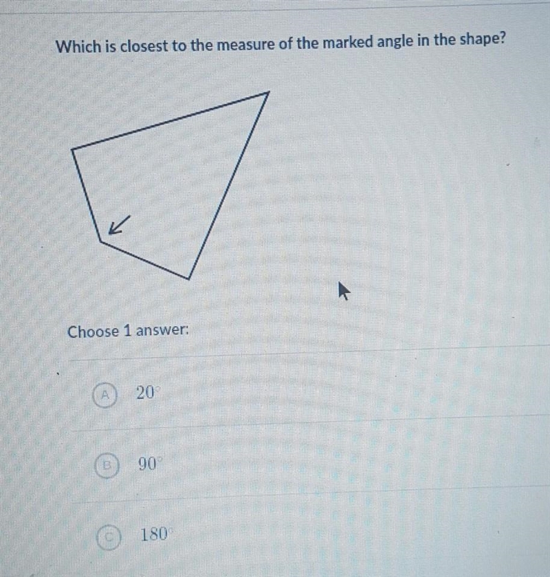 Which is closest to the measure of the marked angle in the shape?​-example-1