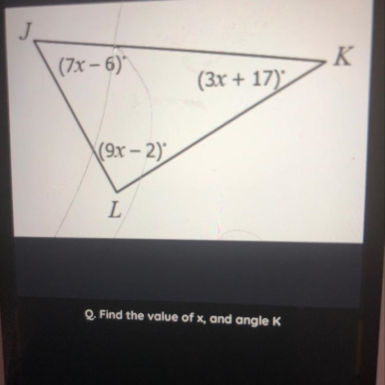 Find the value of x and angle K-example-1