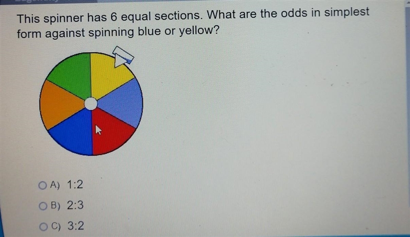 Please help This spinner has 6 equal sections. what are the odds in simplest form-example-1