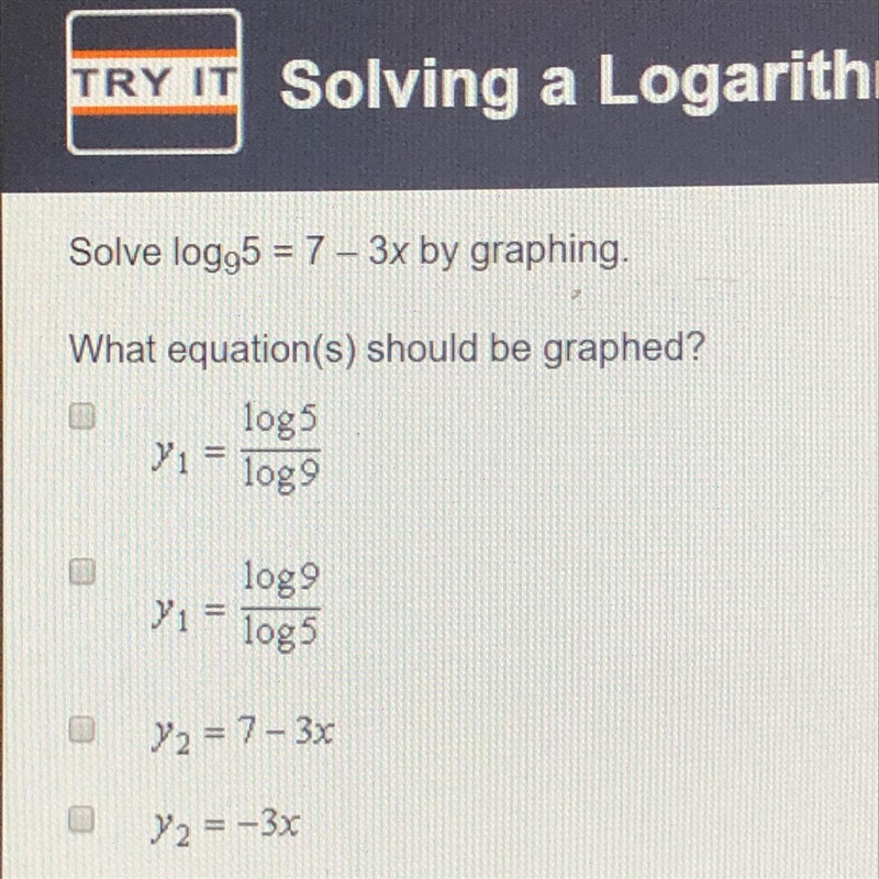 Solve logg5 = 7 - 3x by graphing.-example-1