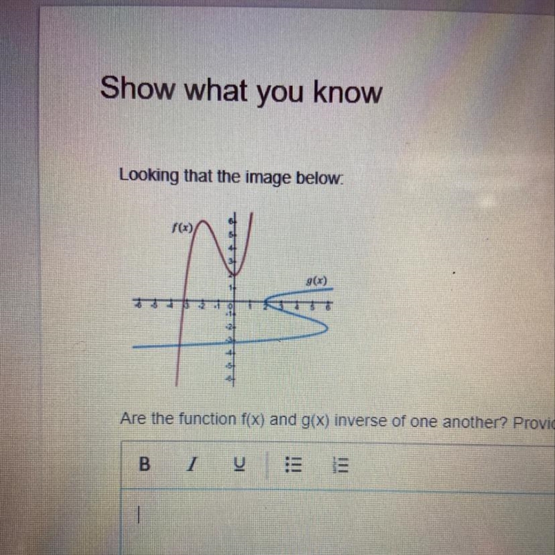 Are the functions f(x) and g(x) inverse of one another?-example-1