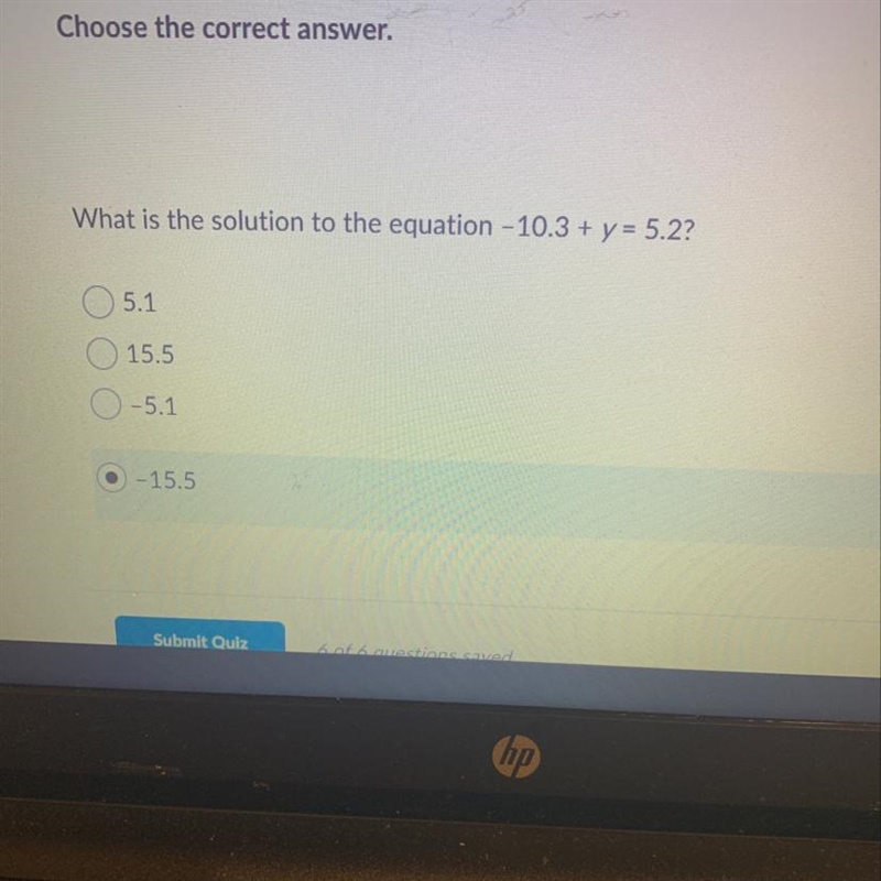 What is the solution to the equation -10.3+y=5.2-example-1